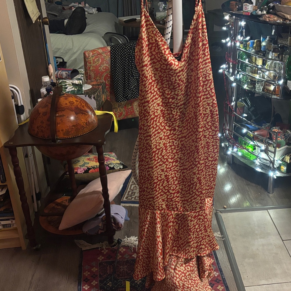 PrettyLittleThing Red and Cream cheetah print satin spaghetti strap Dress